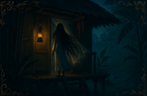 Ilustrasi editorial Pontianak: suasana jaga malam di beranda rumah panggung, fokus pada suara dan ambang.