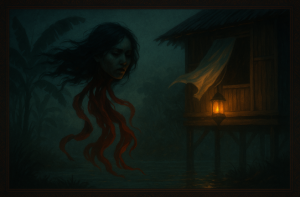 Ilustrasi editorial Penanggalan: rumah panggung tropis, fokus ambang, duri, dan soundscape malam.